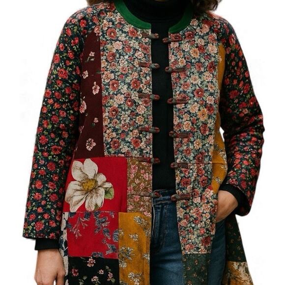 Luan Zai Jiang Kimono Coat O/S Patchwork Quilted Asian Knot Button Bohemian NWT - Picture 1 of 14